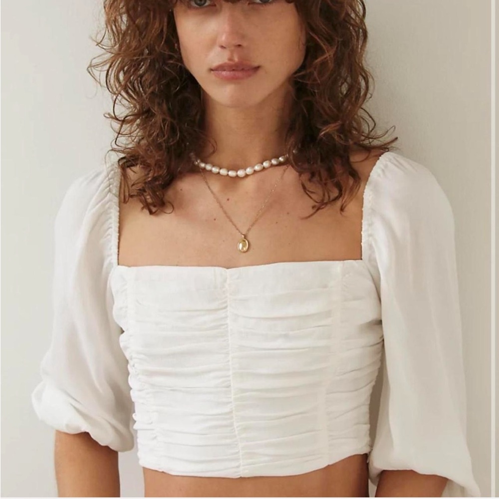 Aritzia Wilfred White Lolita Ruched Puff Sleeve‎ Blouse Size 2XS